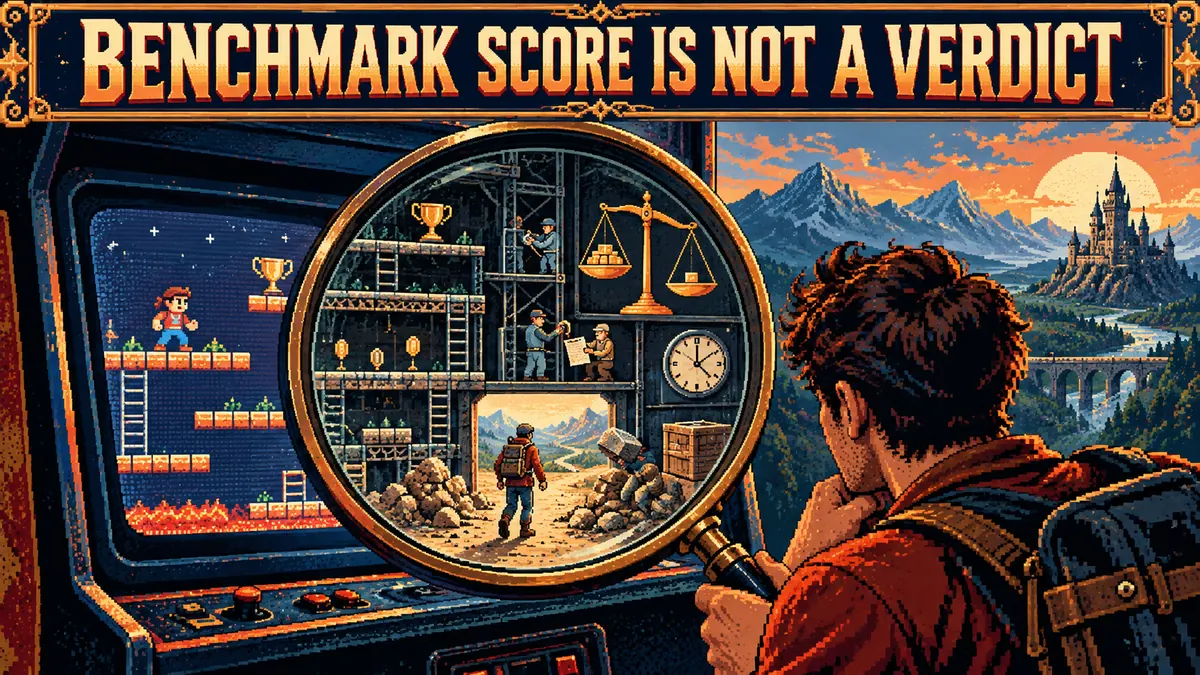 A paper benchmark score sheet under a magnifying lens
