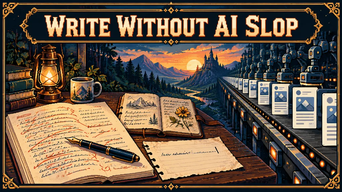 A hand-written field note on a clean desk beside a silent typewriter