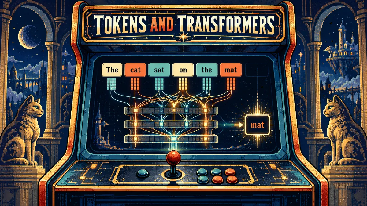 A short stream of text broken into glowing token blocks entering a transformer-shaped bridge