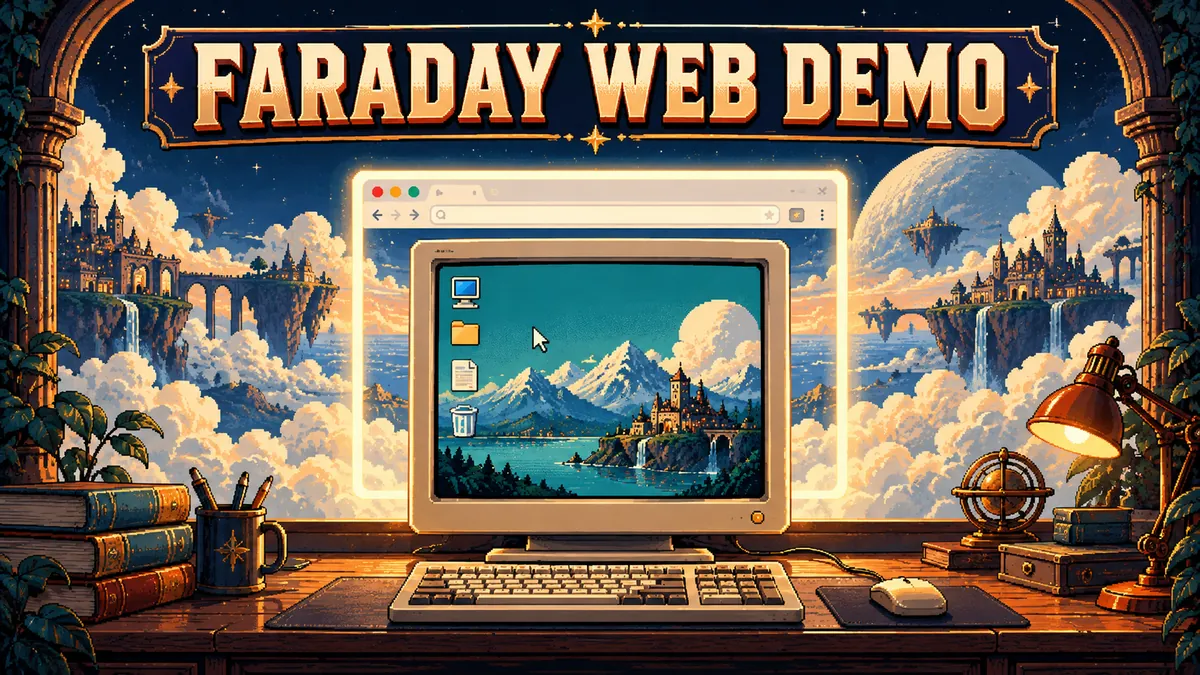 FARADAY WEB DEMO arcade cover: a simulated browser workstation inside a protective frame, with cloud traffic beyond it.