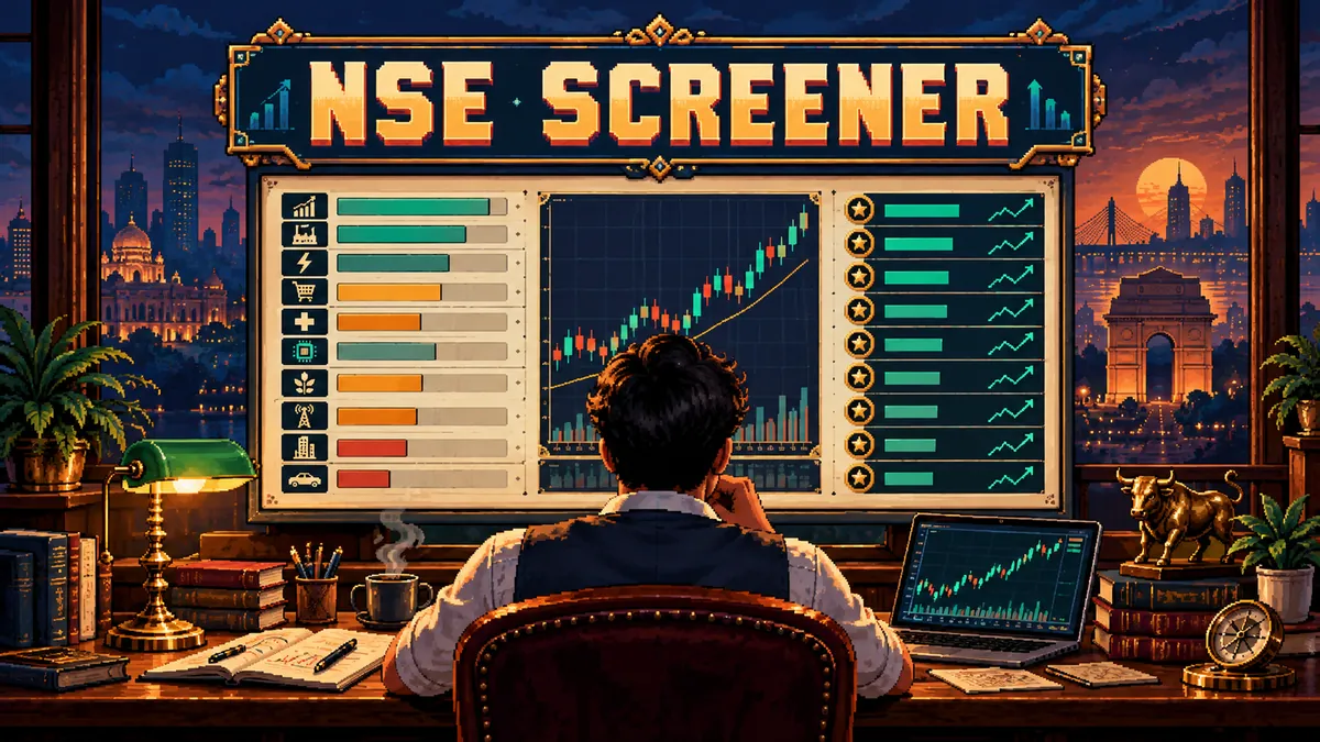 NSE SCREENER arcade cover: an analyst reviews market sectors, relative-strength bars and price charts.