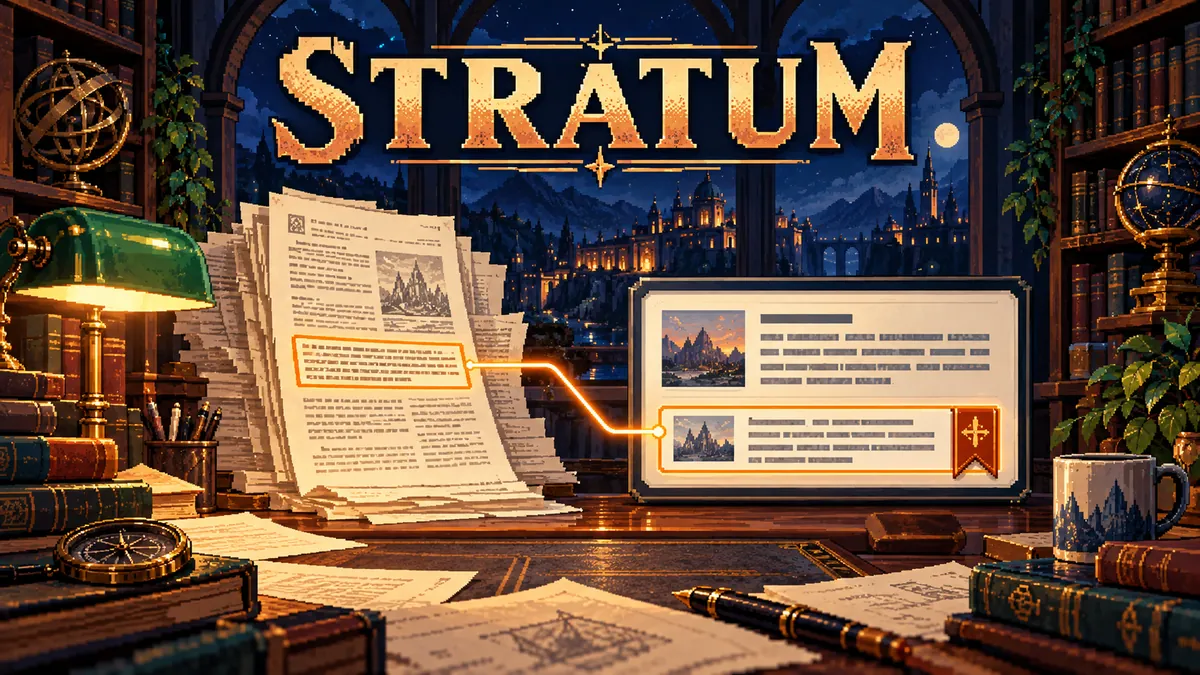STRATUM arcade cover: a report page connects a highlighted evidence passage to a cited answer.